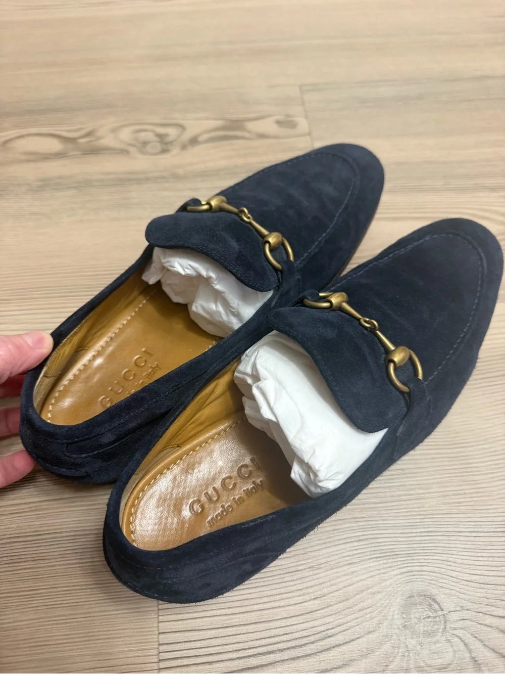 Authentic Gucci Navy Suede Horsebit Loafers